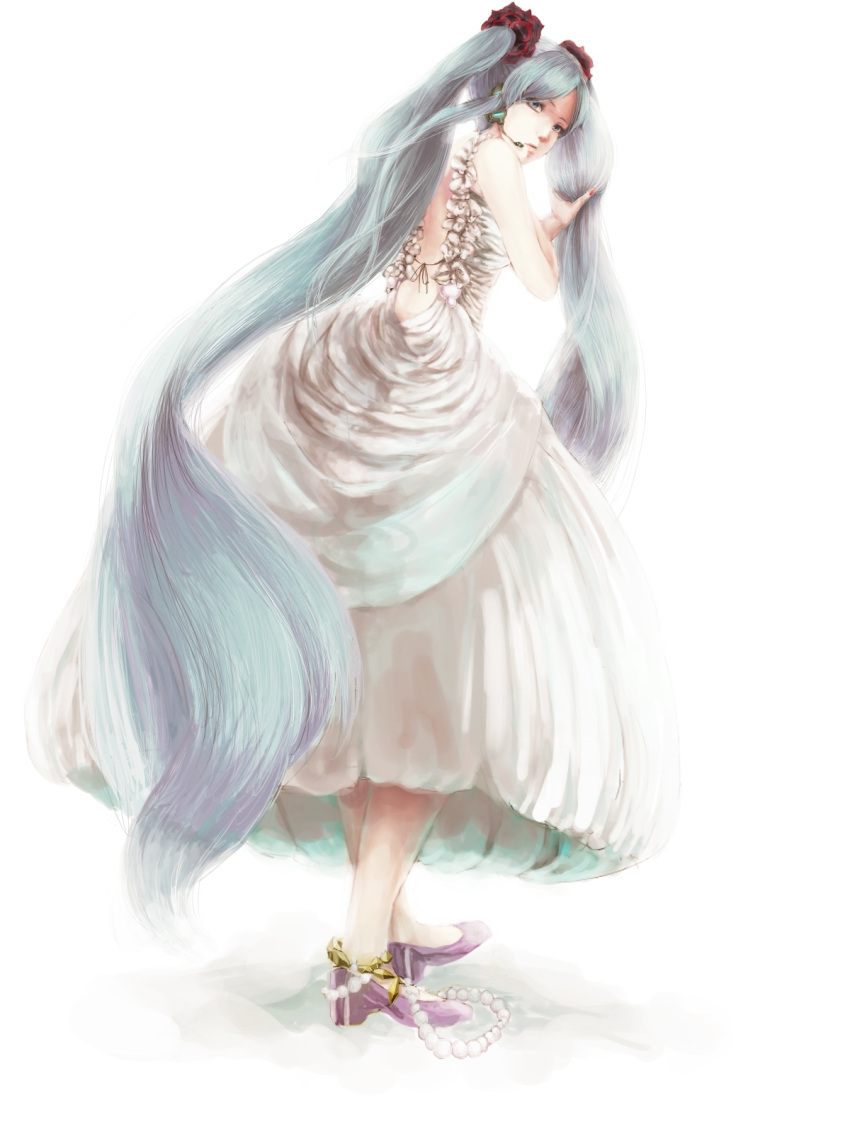 1girl anklet aqua_eyes aqua_hair backless_outfit crypton_future_media dress flower frills from_behind hair_flower hair_ornament haiyoku13 hand_in_own_hair hatsune_miku heads headset high_heels highres jewelry long_hair looking_at_viewer looking_back piapro purple_footwear red_flower solo twintails very_long_hair vocaloid white_background white_dress