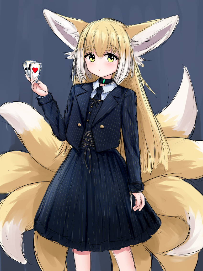 1girl :o absurdres ace_of_clubs ace_of_hearts ace_of_spades animal_ears arknights bangs black_jacket black_necktie black_skirt black_vest blonde_hair blush card club_(shape) collared_shirt commentary english_commentary fox_ears fox_girl fox_tail green_eyes grey_background hair_between_eyes heart highres holding holding_card jacket kyuubi long_hair long_sleeves looking_at_viewer multicolored_hair multiple_tails necktie open_clothes open_jacket parted_lips playing_card rylaera shirt skirt solo spade_(shape) suzuran_(arknights) tail two-tone_hair very_long_hair vest white_hair white_shirt