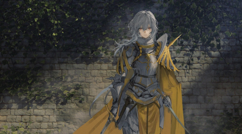 1girl armor breastplate brick_wall cape dual_wielding faulds gauntlets grey_hair hair_between_eyes holding holding_sword holding_weapon long_hair looking_at_viewer original pelvic_curtain plate_armor shoulder_armor solo sword unsheathed wall weapon wind wind_lift xinuo223 yellow_eyes