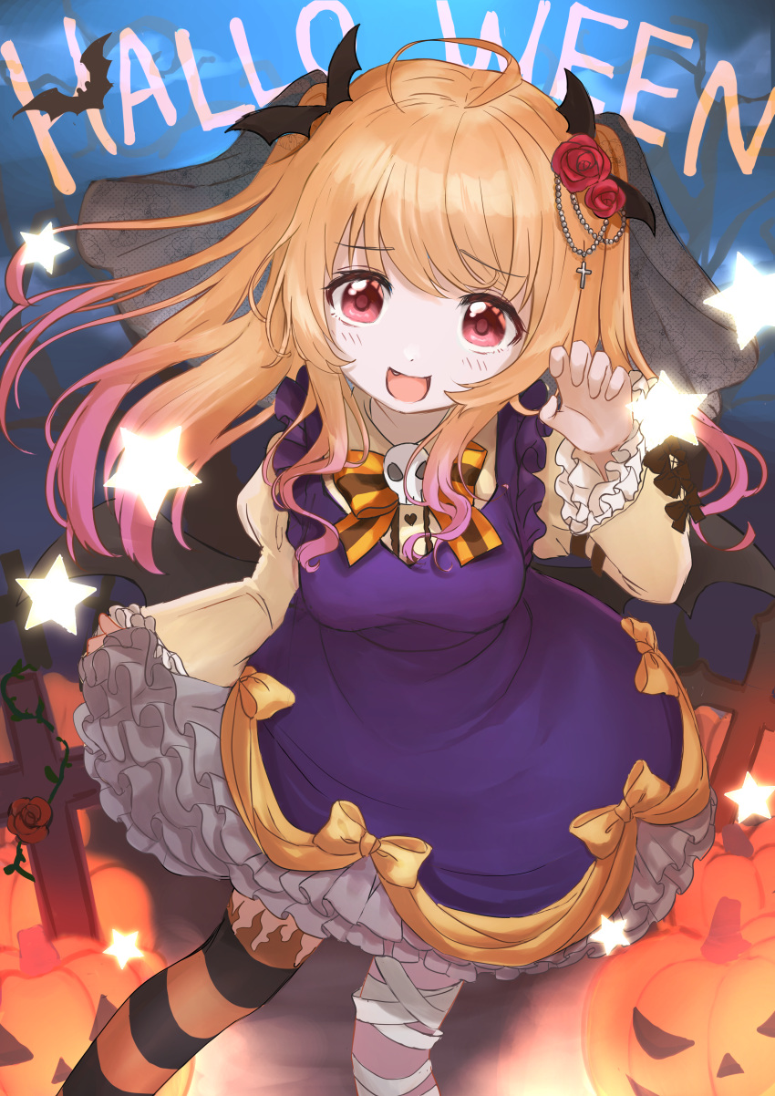 1girl absurdres ahoge background_text bandaged_leg bandages bangs bat_(animal) bat_hair_ornament blonde_hair bow bowtie claw_pose collared_dress commentary dress english_text fang flower frilled_dress frilled_sleeves frills hair_flower hair_ornament halloween halloween_costume highres jack-o'-lantern long_hair long_sleeves looking_at_viewer medium_dress night open_mouth orange_bow orange_bowtie orange_thighhighs original outdoors purple_dress red_eyes red_flower red_rose rose single_thighhigh skirt_hold skull_ornament smile solo standing star_(symbol) striped striped_thighhighs thigh-highs yaminabe_(szhal14)