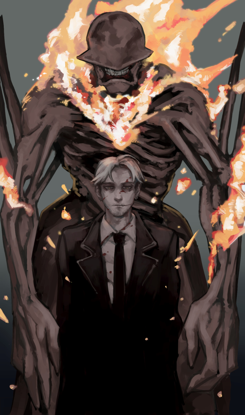 1boy beard black_coat black_necktie burning chainsaw_man coat collared_shirt facial_hair fire formal grey_background grey_hair hell_devil_(chainsaw_man) highres kishibe_(chainsaw_man) long_coat looking_at_viewer nakano_(mitinni_tk) necktie no_eyes old old_man scar scar_on_face shirt short_hair stitched_face stitches suit white_shirt