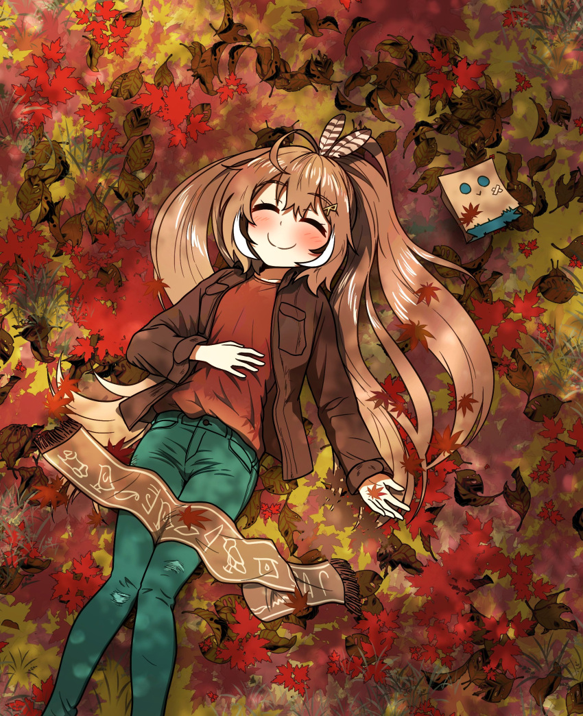 1girl absurdres ahoge alternate_costume autumn autumn_leaves bangs blush brown_hair brown_shirt c: casual closed_eyes collared_shirt ddolbang denim dress_shirt feather_hair_ornament feathers friend_(nanashi_mumei) hair_ornament hairclip hand_on_own_stomach hieroglyphics highres hololive hololive_english jeans long_hair lying multicolored_hair nanashi_mumei on_back pants pocket ponytail red_shirt scarf shirt smile streaked_hair t-shirt torn_clothes torn_jeans torn_pants unbuttoned very_long_hair virtual_youtuber