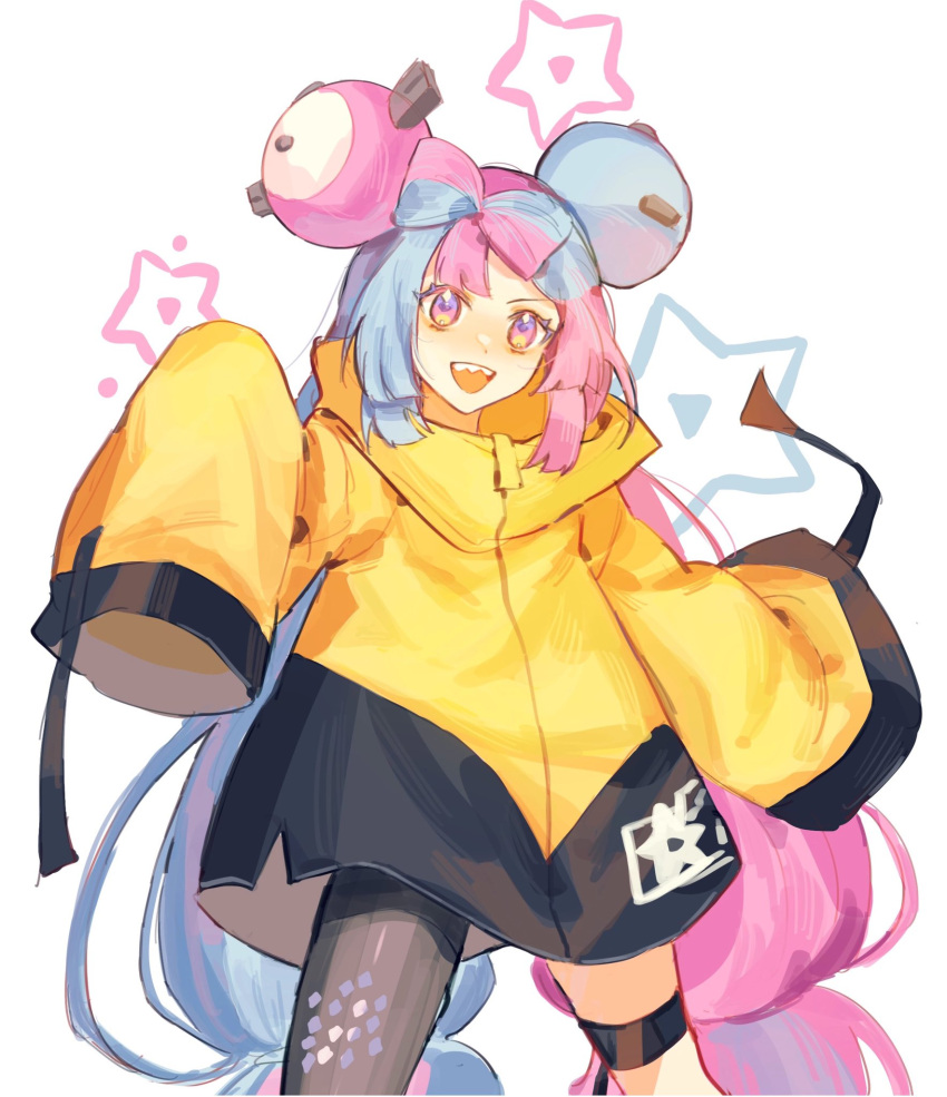 1girl :d bangs blue_hair character_hair_ornament commentary eyelashes grey_pantyhose hair_ornament happy highres iono_(pokemon) jacket long_hair multicolored_hair open_mouth pantyhose pink_hair pokemon pokemon_(game) pokemon_sv single_leg_pantyhose sleeves_past_fingers sleeves_past_wrists smile solo star_(symbol) symbol-only_commentary teeth thigh_strap twintails two-tone_hair upper_teeth violet_eyes white_background xiguamao41 yellow_jacket