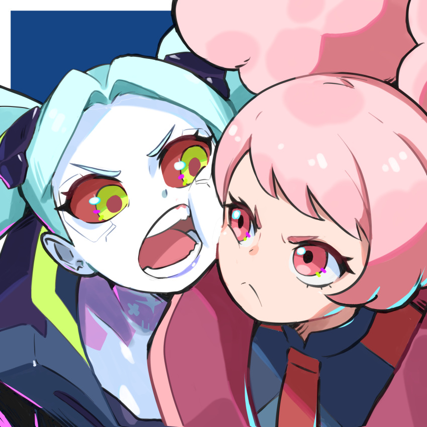 2girls absurdres afro_puffs angry aqua_hair bangs blue_background border cheek-to-cheek chuatury_panlunch closed_mouth colored_sclera cyberpunk_(series) cyberpunk_edgerunners double_bun english_commentary gundam gundam_suisei_no_majo hair_bun heads_together highres long_hair looking_at_another miconomicon multiple_girls open_mouth outside_border pink_hair rebecca_(cyberpunk) red_eyes red_sclera teeth twintails upper_body v-shaped_eyebrows white_border yellow_eyes