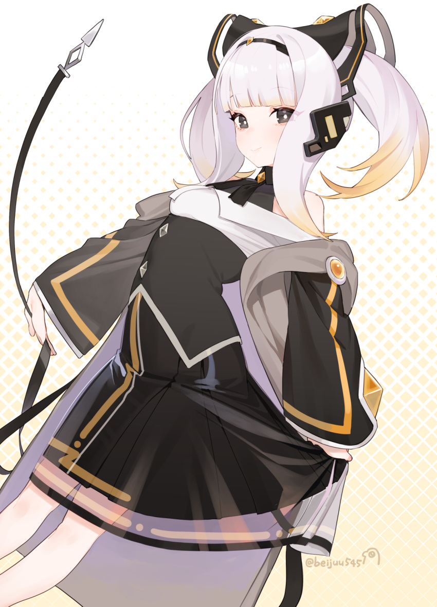 1girl bangs bare_shoulders beijuu black_dress black_eyes black_hairband blonde_hair blunt_bangs bright_pupils closed_mouth dress feet_out_of_frame grey_hair hair_ornament hairband highres last_command long_hair long_sleeves looking_at_viewer multicolored_hair smile solo standing two-tone_hair two_side_up wide_sleeves