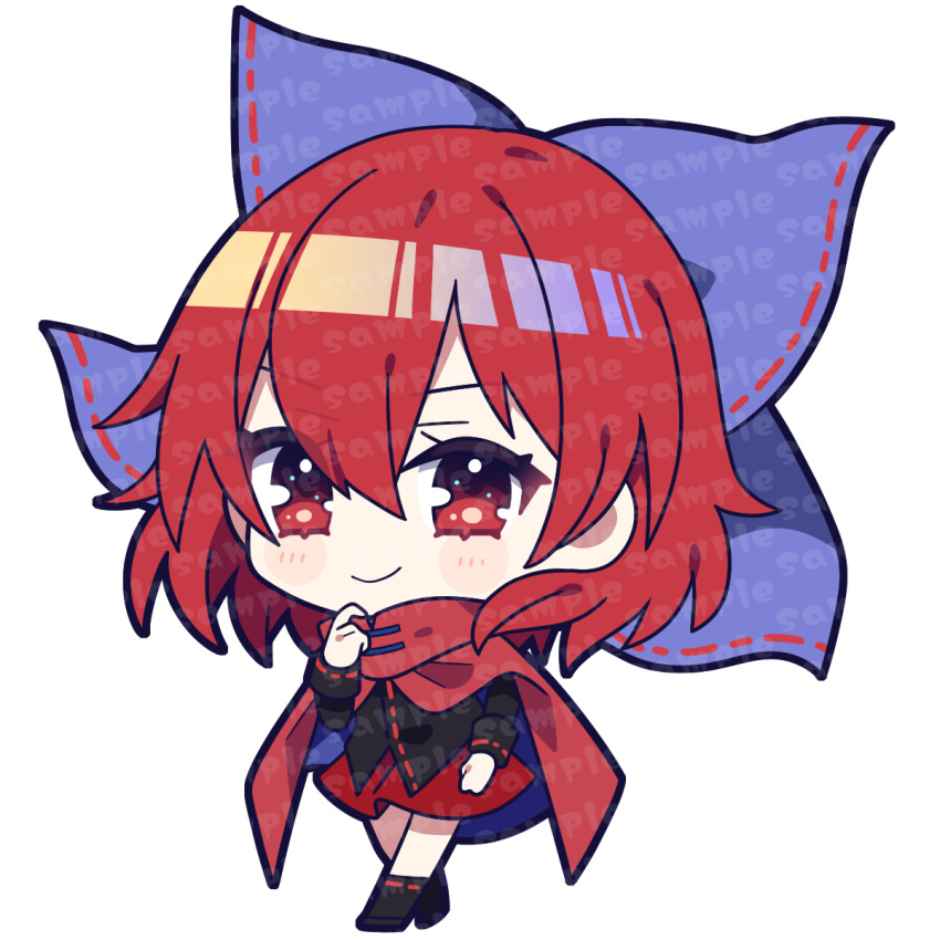 1girl bangs black_footwear black_shirt bow chibi closed_mouth full_body hair_bow highres looking_at_viewer red_eyes red_skirt redhead sekibanki shirt skirt smile solo touhou transparent_background watermark yoriteruru