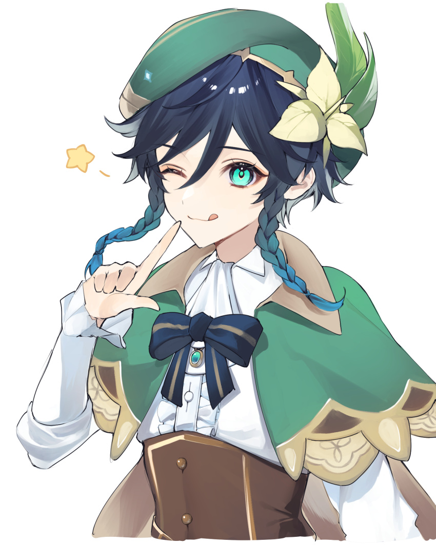 1boy 1girl ;q ascot bangs beret black_hair blue_hair blush braid brooch brown_corset buttons cape cecilia_flower_(genshin_impact) center_frills collared_cape corset dark_blue_hair ebibi_chiriri finger_to_mouth flower frilled_sleeves frills genshin_impact genshin_impact_sticker_redraw_(meme) gradient_hair green_cape green_eyes green_headwear hat hat_flower highres jewelry long_sleeves looking_at_viewer male_focus meme multicolored_hair one_eye_closed ribbon shirt short_hair_with_long_locks sidelocks simple_background smile solo star_(symbol) striped striped_ribbon tongue tongue_out twin_braids venti_(genshin_impact) white_ascot white_background white_shirt