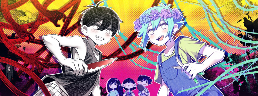 1girl 4boys aubrey_(omori) ball basil_(omori) black_hair bow collarbone colored_skin drooling evil_grin evil_smile flower frying_pan geckoyutuyamori green_hair grin hair_bow head_wreath hero_(omori) holding holding_ball holding_frying_pan holding_knife kel_(omori) knife long_hair long_sleeves looking_at_another looking_at_viewer multiple_boys omori omori_(omori) open_mouth overalls parted_lips pink_bow pruning_shears purple_hair saliva shears shirt short_hair short_sleeves smile something_(omori) spoilers tank_top teeth tongue upper_teeth white_eyes white_skin yellow_shirt