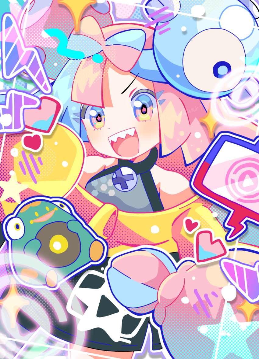 bellibolt bow-shaped_hair character_hair_ornament hair_ornament hexagon_print highres iono_(pokemon) jacket long_hair low-tied_long_hair oversized_clothes pokemon pokemon_(game) pokemon_sv sharp_teeth shirt sleeveless sleeveless_shirt sleeves_past_fingers sleeves_past_wrists sowao. star_(symbol) star_in_eye symbol_in_eye teeth twintails very_long_sleeves x yellow_jacket