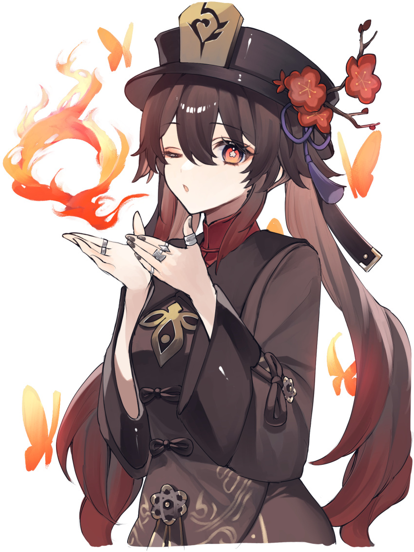 1girl ;o bangs black_headwear black_nails blue_butterfly breathing_fire brown_hair bug butterfly chinese_clothes chinese_knot collared_coat colored_tips ebibi_chiriri eyelashes fire flower flower-shaped_pupils genshin_impact genshin_impact_sticker_redraw_(meme) hair_between_eyes hat hat_flower hat_ornament highres hu_tao_(genshin_impact) insect jewelry long_hair long_sleeves looking_at_viewer meme multicolored_hair multiple_rings one_eye_closed open_mouth plum_blossoms porkpie_hat red_eyes red_shirt ring shirt sidelocks simple_background solo symbol-shaped_pupils thumb_ring twintails white_background wide_sleeves