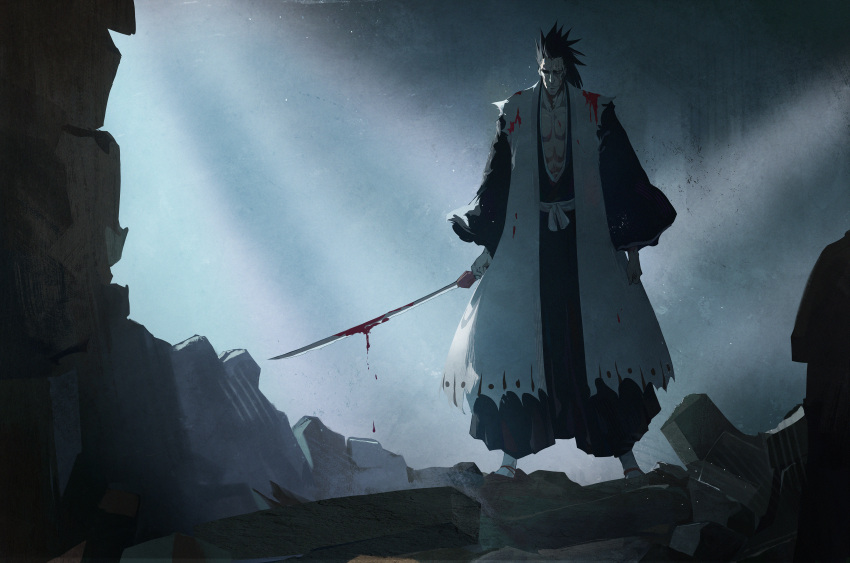 abs absurdres black_footwear black_hair black_pants black_shirt bleach blood blood_on_knife character_request death_(entity) full_body grey_sky grim_reaper highres holding holding_sword holding_weapon knife light looking_at_viewer pants rock ruins shade shirt shoes smile socks spiky_hair standing sword weapon white_shirt white_socks zzz_zhi_he