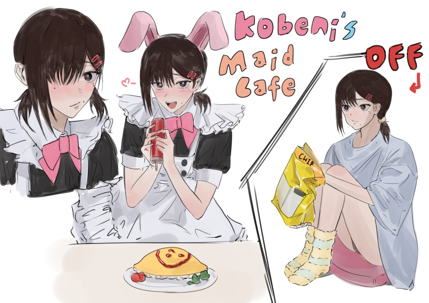 1girl absurdres bangs black_hair blush buttericecreamm chainsaw_man chips_(food) eating egg food hair_bun hair_ornament hair_over_one_eye hairclip heart higashiyama_kobeni highres ketchup looking_at_viewer maid medium_hair mole mole_under_eye mole_under_mouth omelet omurice open_mouth ribbon shirt simple_background single_hair_bun single_sidelock smile socks solo white_background white_shirt