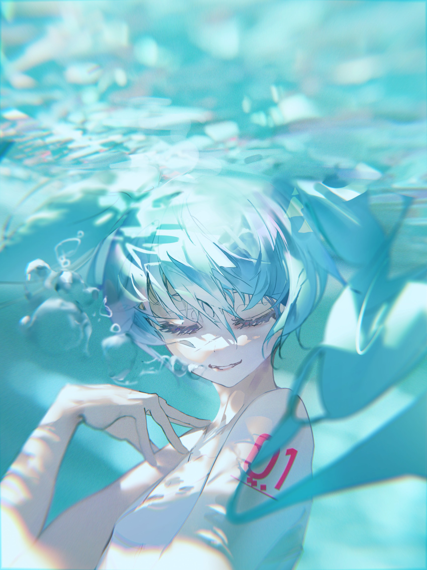 1girl absurdres air_bubble aqua_hair bangs blurry blurry_background bubble closed_eyes commentary dress hand_on_own_chest hatsune_miku highres houtei9 light long_hair number_tattoo ocean open_mouth smile solo tattoo twintails underwater vocaloid white_dress