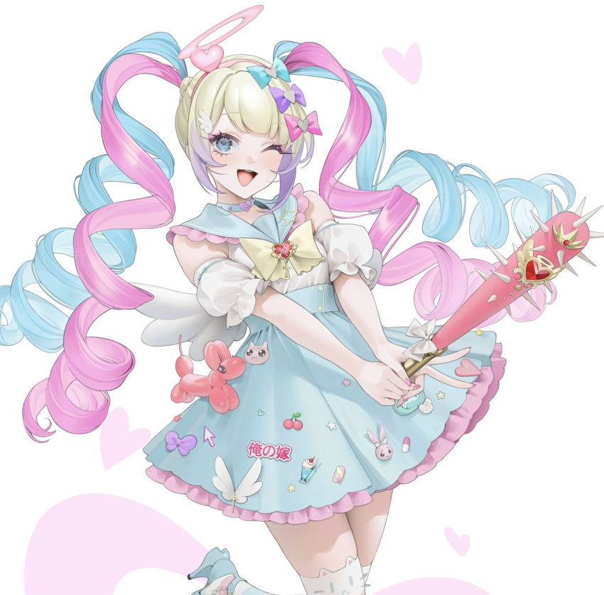 1girl :d bangs bare_shoulders blonde_hair blue_eyes blue_hair bow bowtie chouzetsusaikawa_tenshi-chan club_(weapon) detached_sleeves hair_bow hair_ornament halo heart highres holding holding_club holding_weapon holographic_clothing long_hair long_sleeves looking_at_viewer multicolored_hair needy_girl_overdose ohisashiburi one_eye_closed open_mouth pin pink_hair puffy_short_sleeves puffy_sleeves quad_tails sailor_collar school_uniform serafuku shiny shiny_hair shirt shirt_tucked_in short_sleeves simple_background skirt smile solo spiked_club thigh-highs twintails weapon white_background wing_hair_ornament