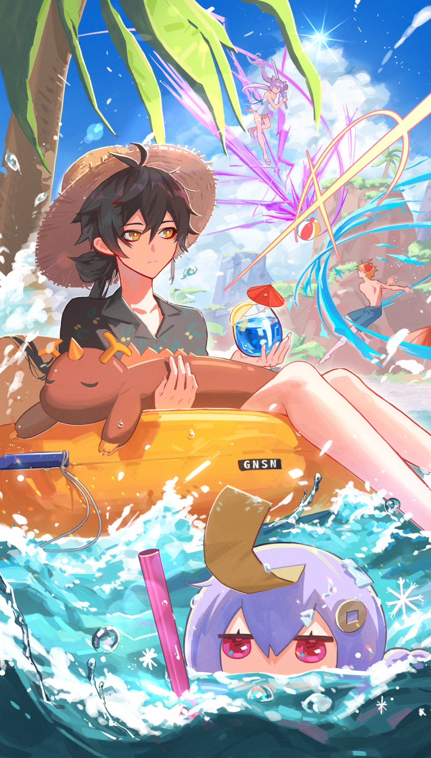 2boys 2girls absurdres ball bangs black_hair clouds commentary cup day duel earrings genshin_impact hair_between_eyes hair_ornament highres holding holding_cup innertube jewelry keqing_(genshin_impact) long_hair male_swimwear mask mask_on_head multiple_boys multiple_girls ofuda one-piece_swimsuit orange_eyes orange_hair outdoors pink_eyes ponytail purple_hair qiqi_(genshin_impact) red_mask rex_lapis_(genshin_impact) single_earring sitting sky snorkel swimming swimsuit sword symbol-only_commentary tartaglia_(genshin_impact) tassel tassel_earrings tree tropical_drink water weapon xiu_xxx_wu zhongli_(genshin_impact)