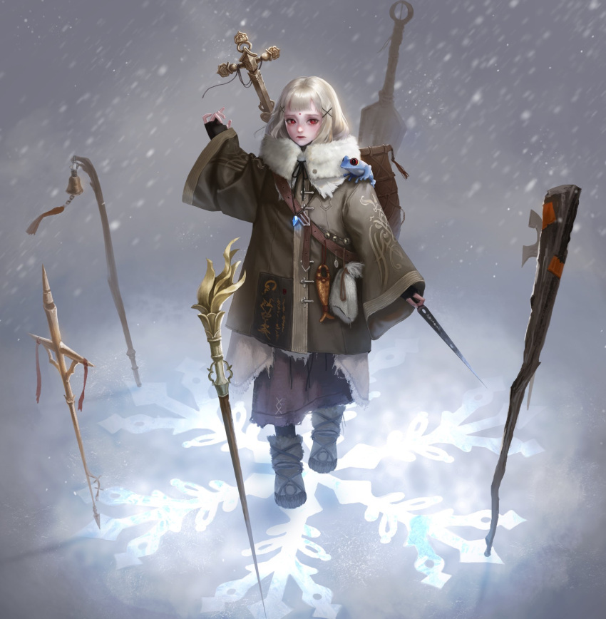 1girl animal_on_shoulder arm_up bangs bell blizzard blueship4985 blunt_bangs child coat facial_mark female_child fingerless_gloves forehead_mark frog fur-trimmed_coat fur_trim gloves highres holding holding_weapon jewelry korean_commentary magic necklace original red_eyes sack snow snowflakes snowing solo stick weapon white_hair wide_sleeves