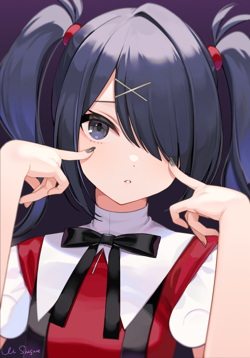 1girl ame-chan_(needy_girl_overdose) black_eyes black_hair black_nails finger_to_cheek hair_ornament hair_over_one_eye hairclip highres looking_at_viewer nail_polish needy_girl_overdose parted_lips ribbon shigure_ui short_twintails signature simple_background solo twintails upper_body