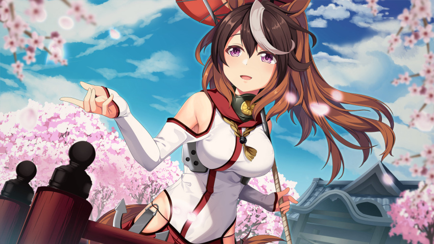 1girl alternate_costume animal_ears architecture breasts brown_hair building cherry_blossoms cosplay day east_asian_architecture hip_vent horse_ears horse_girl horse_tail kantai_collection long_hair long_sleeves looking_away medium_breasts multicolored_hair oil-paper_umbrella outdoors petals ponytail red_skirt red_umbrella skirt solo symboli_rudolf_(umamusume) tail tree umamusume umbrella violet_eyes white_hair yamato_(kancolle) yamato_(kancolle)_(cosplay) yasume_yukito