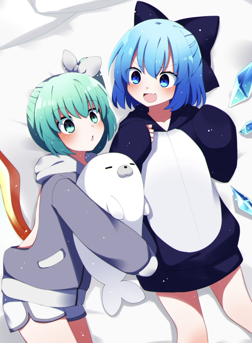 2girls absurdres alternate_costume black_jacket blue_bow blue_eyes blue_hair blush bow cirno daiyousei detached_wings fairy fairy_wings fang green_eyes green_hair grey_jacket hair_between_eyes hair_bow highres hood hooded_jacket ice ice_wings jacket long_sleeves multiple_girls open_mouth side_ponytail skin_fang smile touhou wings you_(noanoamoemoe)