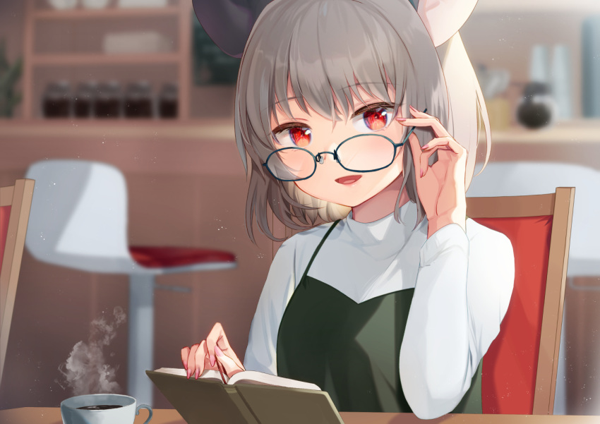 1girl animal_ears ari_don book breasts coffee_mug commentary_request cup dress glasses grey_dress grey_hair holding holding_book indoors long_sleeves looking_at_viewer medium_hair mouse_ears mug nazrin open_mouth pinafore_dress red_eyes shirt sitting small_breasts solo touhou turtleneck upper_body white_shirt