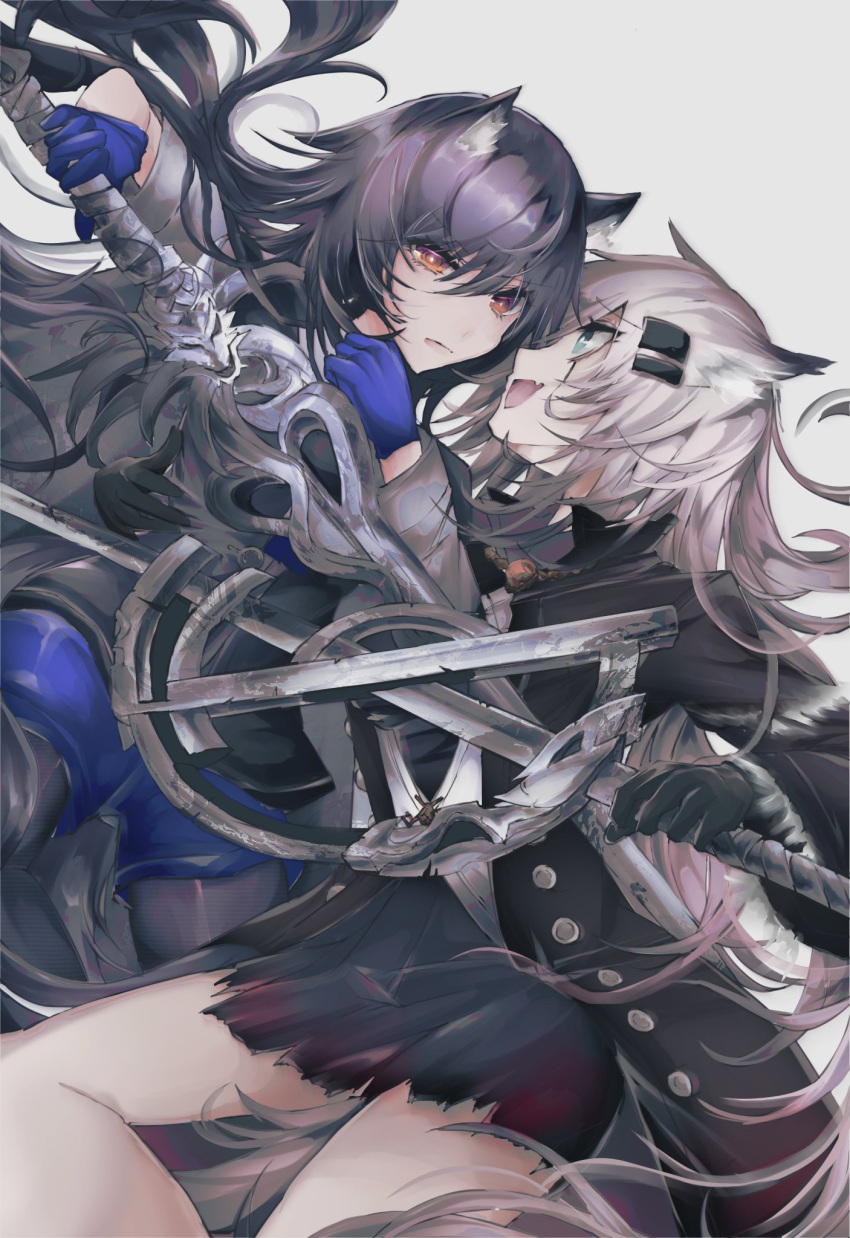 2girls :d arknights black_dress black_gloves black_hair black_pantyhose black_shirt blue_eyes blue_gloves blue_shorts dress eye_contact fang floating_hair gloves grey_hair hair_ornament hairclip highres holding holding_sword holding_weapon lappland_(arknights) lappland_(refined_horrormare)_(arknights) long_hair looking_at_another mirui multiple_girls official_alternate_costume open_mouth orange_eyes pantyhose pantyhose_under_shorts scar scar_across_eye scowl shirt shorts simple_background skin_fang smile sword texas_(arknights) texas_the_omertosa_(arknights) weapon white_background