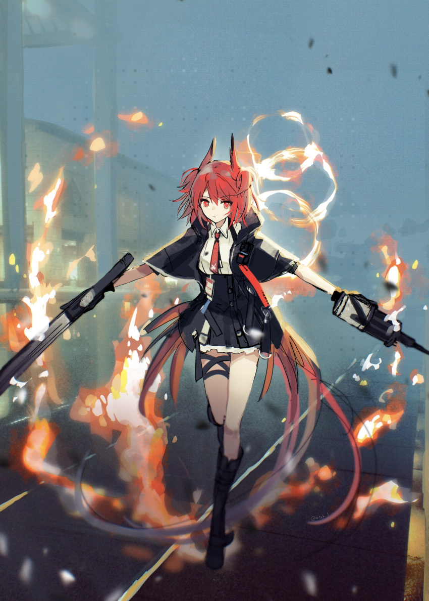 1girl animal_ears arknights bangs bird_ears bird_girl black_footwear black_jacket black_skirt blurry blurry_background boots building commentary fiammetta_(arknights) fire fog frilled_skirt frills full_body gun high-waist_skirt highres holding holding_gun holding_weapon holster jacket knee_boots looking_at_viewer matsuoka_(mtok_0) name_tag necktie open_clothes open_jacket outdoors red_eyes red_necktie redhead serious shirt skirt solo thigh_strap twitter_username two_side_up walking weapon white_shirt