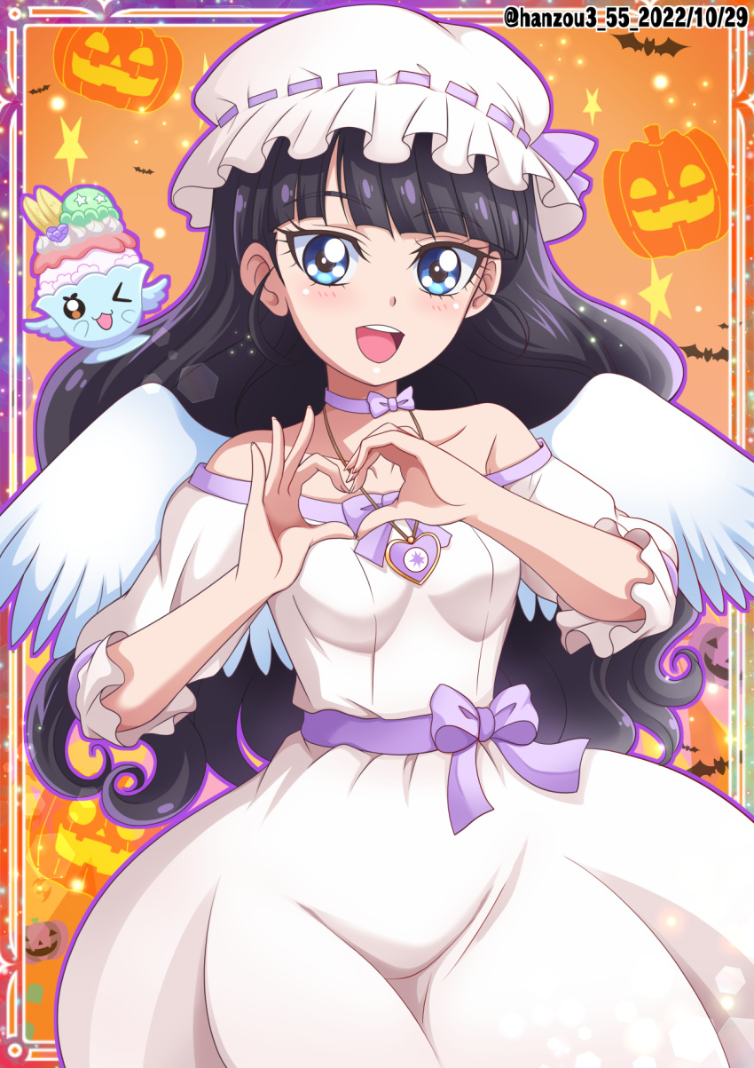 1girl angel angel_wings bare_shoulders bat_(animal) black_hair blue_eyes breasts choker dated delicious_party_precure dress feathered_wings halloween_costume hanzou hat hat_ribbon heart heart_hands highres jack-o'-lantern jewelry kasai_amane long_hair long_sleeves looking_at_viewer mob_cap off_shoulder open_mouth orange_background parfait_recipipi pendant precure pumpkin purple_choker recipipi ribbon small_breasts twitter_username white_wings wings
