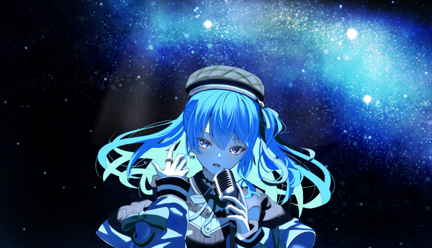 1girl beret black_choker black_shirt blue_eyes blue_hair blue_jacket breasts choker commentary earrings floating_hair grey_headwear hat highres holding holding_microphone hololive hoshimachi_suisei jacket jewelry light_blue_hair long_hair long_sleeves looking_at_viewer microphone microphone_stand neck_ribbon night night_sky o29sukizero official_alternate_costume open_clothes open_jacket open_mouth ribbon ring shirt side_ponytail sky small_breasts smile solo star_(sky) star_(symbol) star_in_eye starry_sky symbol_in_eye upper_body virtual_youtuber wing_collar