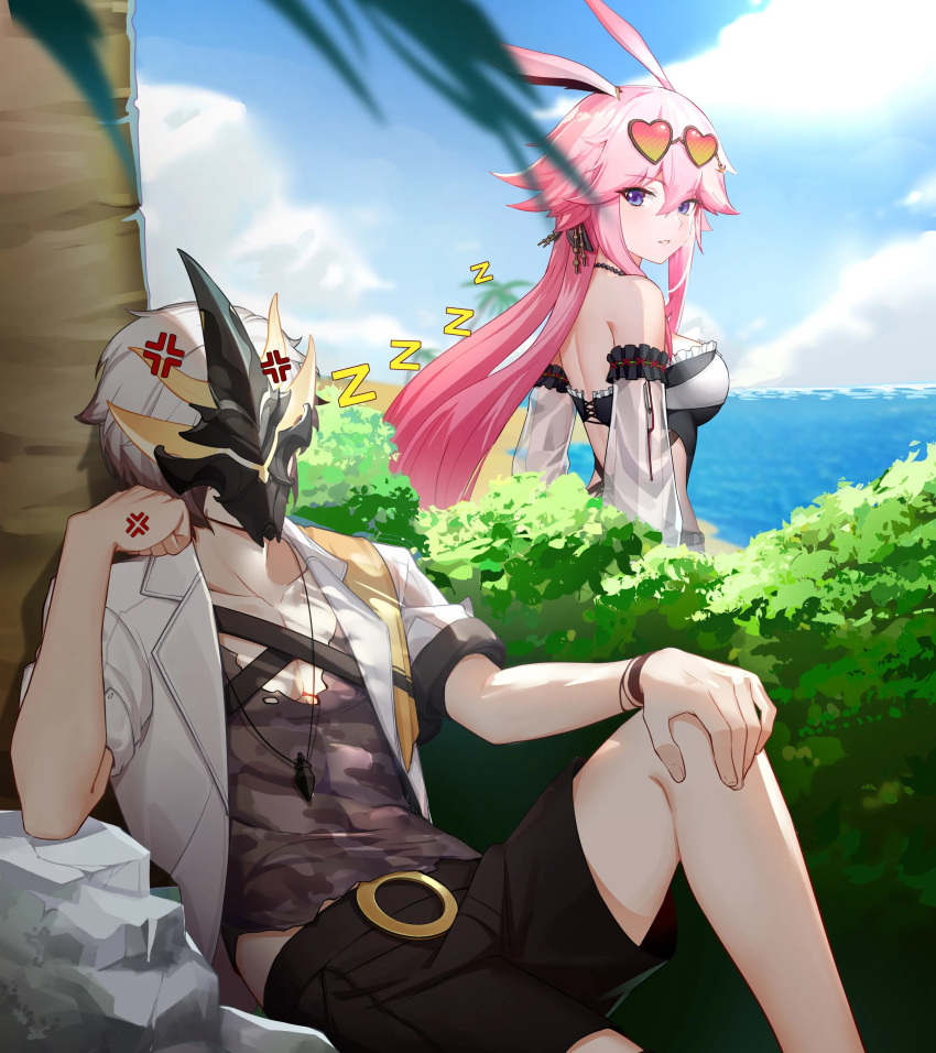 absurdres animal_ears bikini fox_ears hamilundenongdizhe highres kalpas_(honkai_impact) long_hair long_sleeves mask ocean pink_hair searching short_hair sleeping sunglasses swimsuit white_hair yae_sakura yae_sakura_(goushinnso_memento)