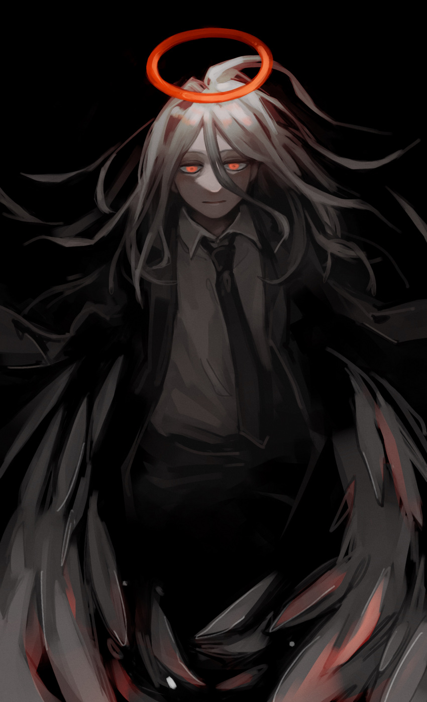1boy absurdres angel angel_devil_(chainsaw_man) angel_wings black_background black_jacket black_necktie black_pants chainsaw_man collared_shirt dark_background feathered_wings feathers formal grey_hair hair_between_eyes halo hell_(chainsaw_man) highres jacket limited_palette long_hair looking_at_viewer looking_down nakano_(mitinni_tk) necktie no_arms pants shirt simple_background solo suit white_shirt wings