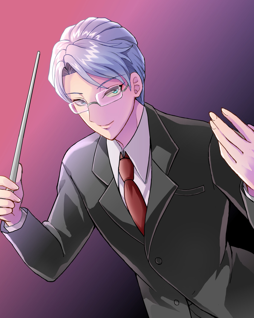 1boy absurdres baton_(conducting) black_suit blue_eyes formal glasses gradient gradient_background grey_hair hands_up highres himuro_reiichi long_sleeves male_focus necktie purple_background rakkokun_tondoru red_necktie short_hair simple_background smile standing suit teacher tokimeki_memorial tokimeki_memorial_girl's_side