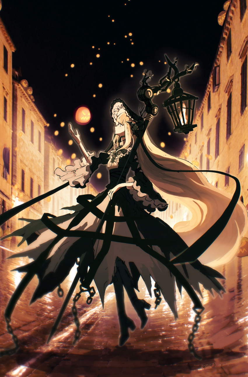 1girl arknights bad_arm bangs black_dress black_footwear black_headwear blonde_hair bonnet boots building chain chin_strap commentary dress frilled_sleeves frills from_side full_body hand_up high_heel_boots high_heels highres lamp long_hair long_sleeves matsuoka_(mtok_0) nightingale_(an_elegy)_(arknights) nightingale_(arknights) official_alternate_costume outdoors profile pumpkin reflection road sidelocks solo staff standing street torn_clothes torn_dress very_long_hair