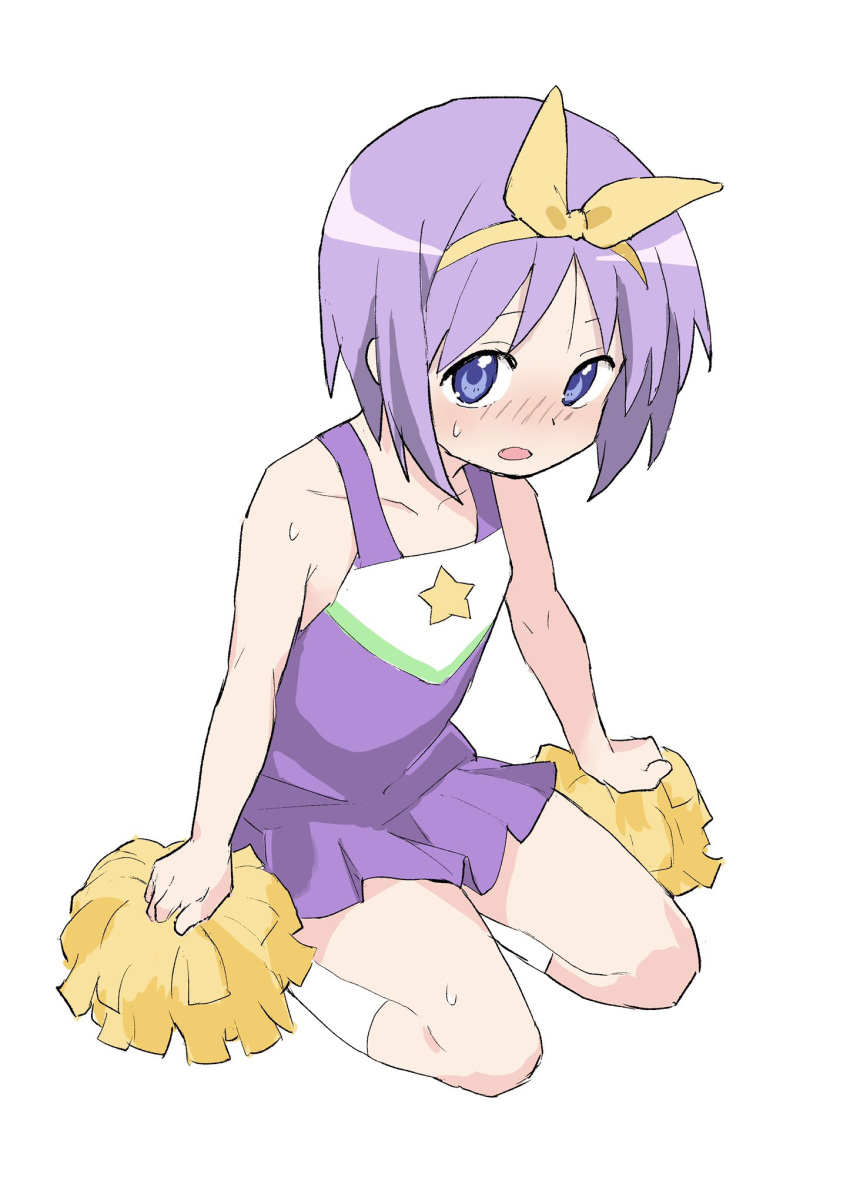 1girl blush cheerleader highres hiiragi_tsukasa holding holding_pom_poms looking_at_viewer lucky_star ookiiayu open_mouth pleated_skirt pom_pom_(cheerleading) purple_hair seiza short_hair simple_background sitting skirt solo sweat white_background