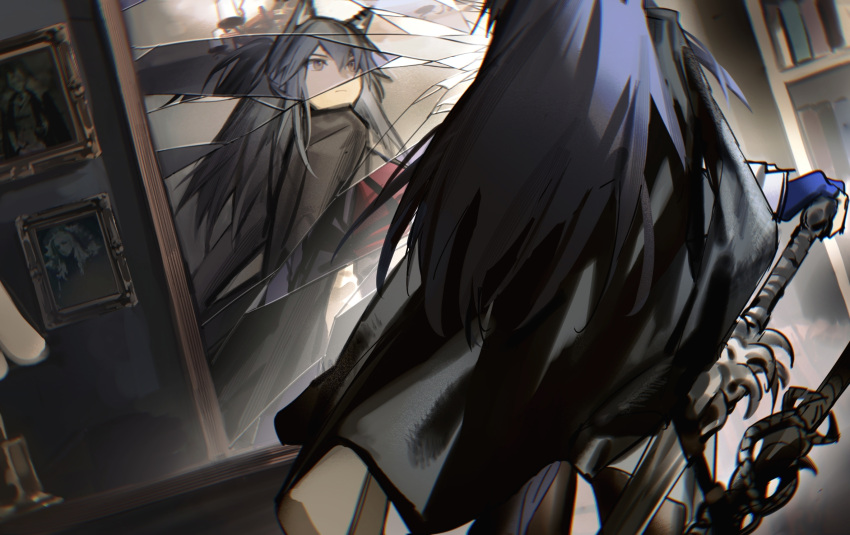 1girl animal_ears arknights black_cape black_hair black_pantyhose blue_gloves broken_mirror cape gloves highres indoors long_hair looking_at_mirror mirror orange_eyes painting_(object) pantyhose shirt solo sword texas_(arknights) texas_the_omertosa_(arknights) weapon white_shirt wolf_ears yanfenguogao