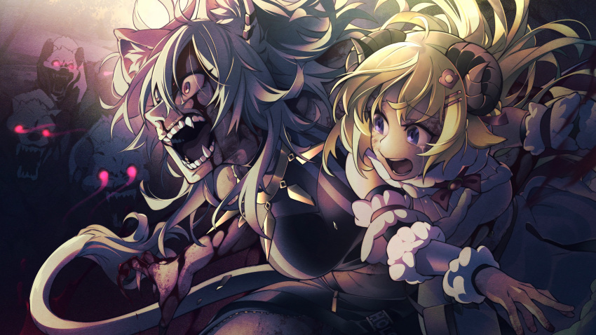 2girls absurdres ahoge animal_ears battle blonde_hair blood blood_on_face breasts carrying carrying_under_arm claws crying crying_with_eyes_open detached_sleeves eititie eye_trail fangs grey_eyes grey_hair highres hololive horns hyena large_breasts light_trail lion_ears long_hair multiple_girls roaring sheep_horns shishiro_botan tears tsunomaki_watame violet_eyes virtual_youtuber