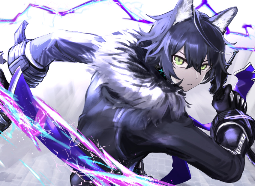 1boy absurdres animal_ears arknights black_gloves black_hair black_jacket collar electricity fur-trimmed_jacket fur_trim gloves gradient gradient_background green_eyes grey_background gun highres holding holding_gun holding_weapon infection_monitor_(arknights) jacket long_sleeves looking_at_viewer parted_lips short_hair solo upper_body utsuke v-shaped_eyebrows vigil_(arknights) weapon white_background wolf_ears