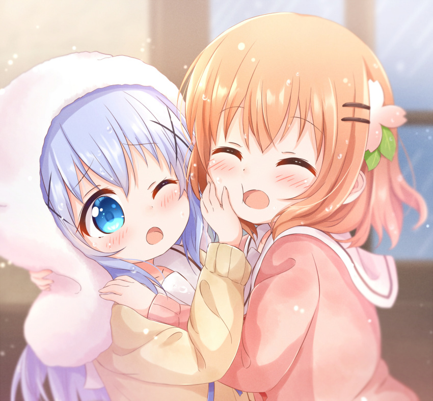 2girls ;o ^_^ araki495 bangs blue_eyes blue_hair blurry blurry_background blush brown_hair brown_sweater closed_eyes commentary_request depth_of_field gochuumon_wa_usagi_desu_ka? hair_between_eyes hair_ornament hairclip highres hoto_cocoa indoors kafuu_chino long_hair multiple_girls one_eye_closed open_mouth pink_sweater sailor_collar sweater towel towel_on_head upper_body very_long_hair white_sailor_collar window x_hair_ornament