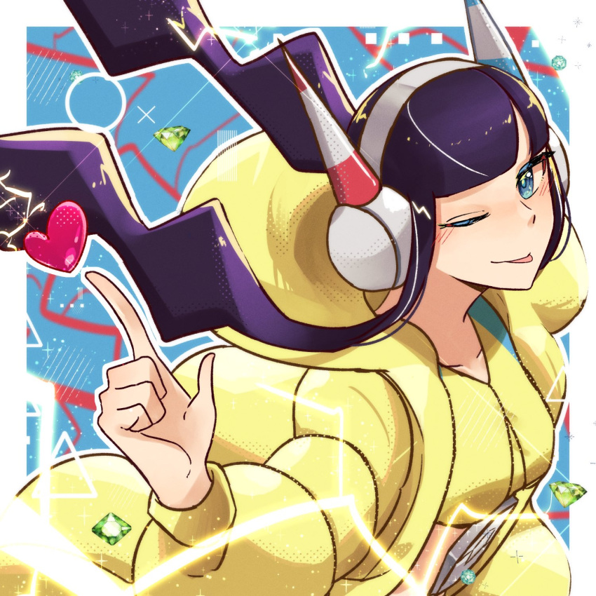 1girl :p bangs blue_background blue_eyes blunt_bangs blush buckle crop_top electricity elesa_(pokemon) floating_hair fur_jacket gem headphones heart highres index_finger_raised jacket long_sleeves mocacoffee_1001 multicolored_hair one_eye_closed pointing pokemon pokemon_(game) pokemon_bw2 purple_hair short_hair_with_long_locks solo sparkle streaked_hair tongue tongue_out white_hair yellow_jacket