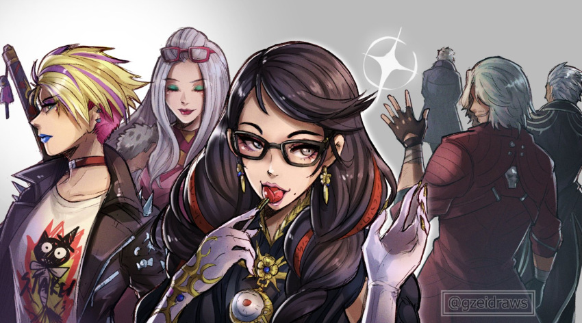 bayonetta_(series) bayonetta_3 black_hair braid clothing_cutout dante_(devil_may_cry) devil_may_cry_(series) devil_may_cry_5 eyeshadow glasses gloves gzei highres jeanne_(bayonetta) jewelry lipstick long_hair looking_at_viewer makeup mole mole_under_mouth multicolored_hair nero_(devil_may_cry) redhead ribbon simple_background smile streaked_hair twin_braids vergil_(devil_may_cry) viola_(bayonetta) weapon white_hair