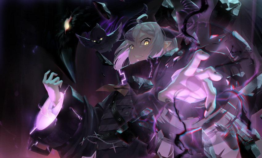 1girl ahoge black_nails braid braided_bangs buttons coat collar commentary crow_(la+_darknesss) cuffs demon_girl demon_horns double-breasted english_commentary fingernails grey_hair grin highres hololive horns jhc_kai la+_darknesss long_hair long_sleeves looking_at_viewer magic multicolored_hair nail_polish neckerchief pointy_ears purple_coat purple_hair purple_horns shackles slit_pupils smile solo streaked_hair striped_horns trench_coat very_long_hair virtual_youtuber yellow_eyes yellow_neckerchief