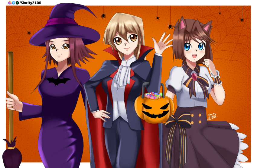 3girls blonde_hair blue_eyes broom brown_hair cat_ears cat_girl cute deviantart_username dracula dracula_(cosplay) happy izayoi_aki looking_at_viewer mazaki_anzu orange_eyes pumpkin redhead sincity2100 smile tenjouin_asuka waving witch witch_hat yellow_eyes yu-gi-oh! yuu-gi-ou yuu-gi-ou_5d's yuu-gi-ou_gx