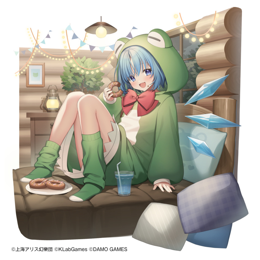1girl :d animal_costume bed_frame blue_hair blush bow bowtie ceiling_light cirno cup detached_wings disposable_cup doughnut eating food food_on_face frog_costume full_body green_socks highres holding holding_food ice ice_wings indoors kneehighs knees_up lantern long_sleeves looking_at_viewer official_art on_bed open_mouth pillow plant plate potted_plant red_bow red_bowtie short_hair sitting smile socks solo toma_(norishio) touhou touhou_arcadia_record violet_eyes wings wooden_wall