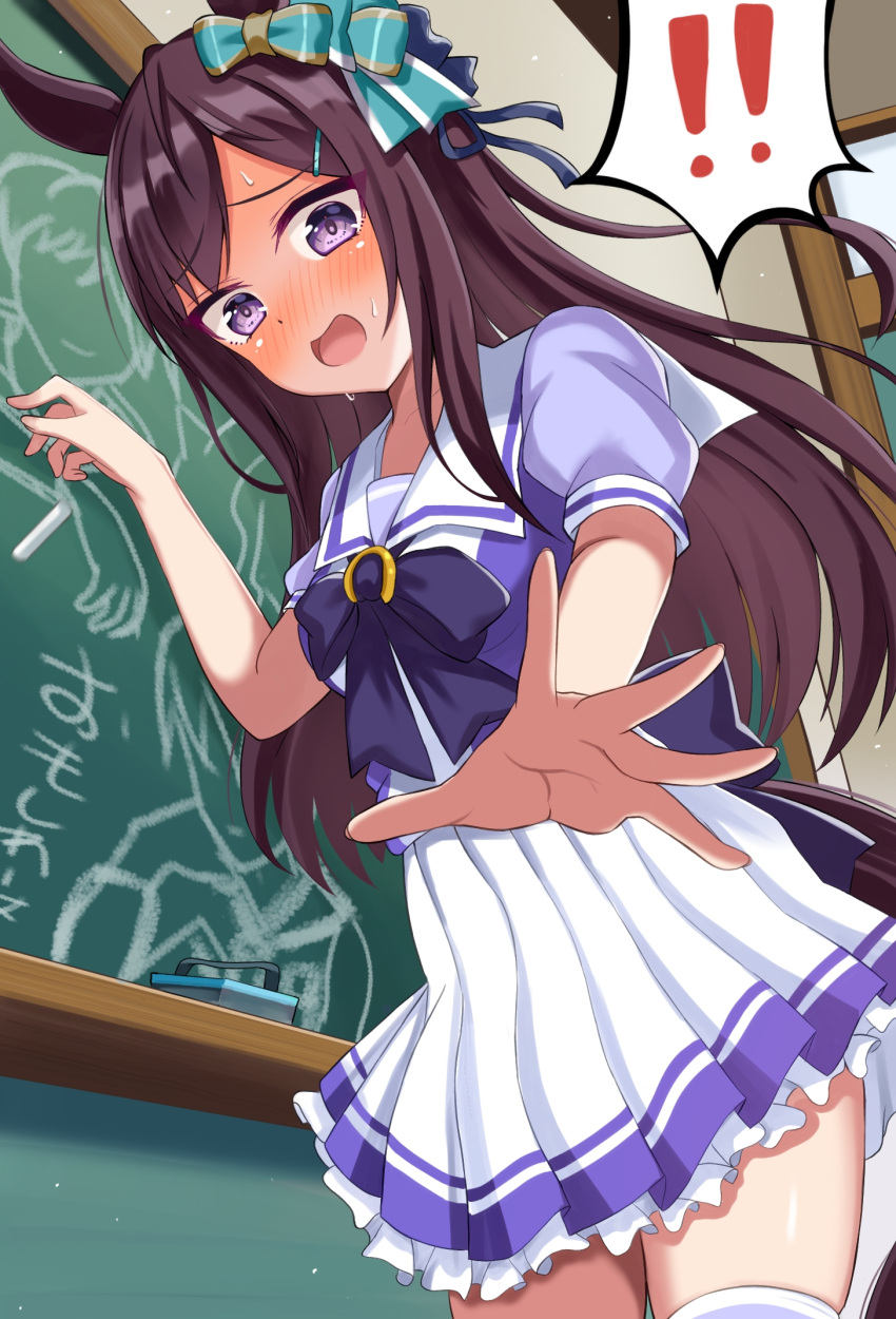 ! !! 1girl black_hair chalk chalkboard commentary_request crouching_start hair_ornament hairclip highres horse_girl long_hair mejiro_dober_(umamusume) open_mouth ribbon school_uniform surprised thigh-highs tracen_school_uniform umamusume violet_eyes