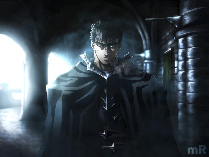 1boy armor artist_logo berserk berserker_armor black_cloak black_hair cloak guts_(berserk) highres looking_at_viewer male_focus mark_reymer one_eye_closed scar scar_on_face scar_on_nose short_hair solo spiky_hair standing