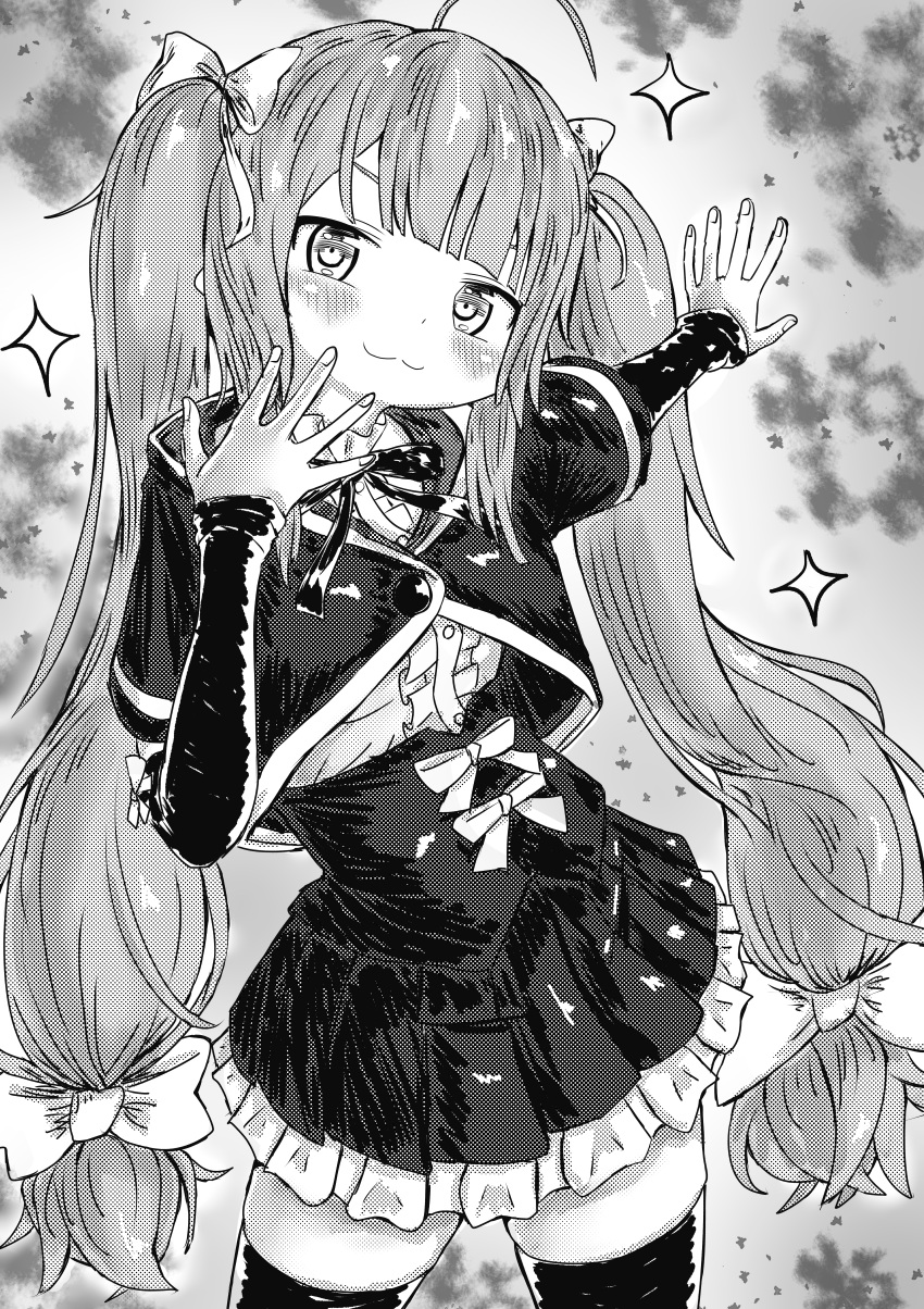 1girl :3 absurdres ao_daidai_ki arms_up assault_lily bangs blunt_bangs blush bow buttons center_frills closed_mouth commentary cowboy_shot cropped_jacket detached_sleeves frilled_shirt frilled_shirt_collar frilled_skirt frills gradient gradient_background grey_background greyscale hair_bow halftone head_tilt highres long_hair looking_at_viewer miniskirt miriam_hildegard_von_gropius monochrome neck_ribbon outstretched_arm pleated_skirt ribbon school_uniform shirt short_sleeves skirt sleeve_bow sleeves_past_wrists smile solo sparkle standing thigh-highs twintails underbust v-shaped_eyebrows very_long_hair yurigaoka_girls_academy_school_uniform zettai_ryouiki