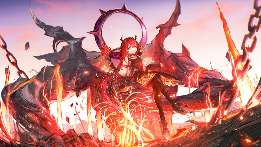 absurdres arknights demon_girl demon_horns fire giant highres holding holding_weapon horns long_hair molten_rock orion92617 redhead surtr_(arknights) sword violet_eyes weapon