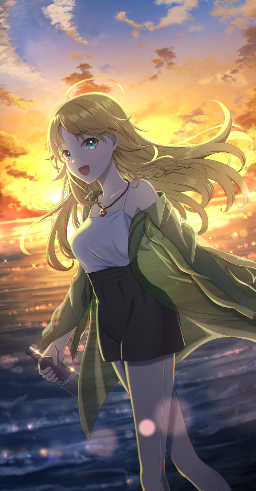 1girl absurdres ahoge akazaki_chino bangs bare_shoulders blonde_hair blue_eyes bottle breasts collarbone diffraction_spikes dutch_angle evening feet_out_of_frame floating_hair green_shirt hachimiya_meguru highres idolmaster idolmaster_shiny_colors jewelry large_breasts lens_flare long_hair looking_at_viewer necklace ocean open_clothes open_mouth open_shirt shirt shorts sky smile solo sun swept_bangs water_bottle