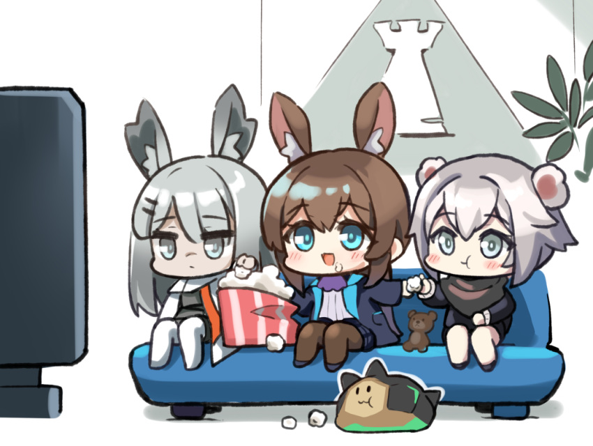 3girls :3 :d amiya_(arknights) animal_ears arknights ascot black_jacket black_pantyhose black_scarf blue_ascot blue_eyes blue_skirt blush brown_hair chibi couch creature extra_ears food food_on_face frostnova_(arknights) grey_eyes grey_hair grey_shirt hm_(hmongt) indoors jacket misha_(arknights) multiple_girls open_clothes open_jacket open_mouth originium_slug_(arknights) pantyhose plant popcorn rabbit_ears rabbit_girl rhodes_island_logo scarf shirt skirt smile stuffed_animal stuffed_toy teddy_bear television white_jacket white_pantyhose white_shirt