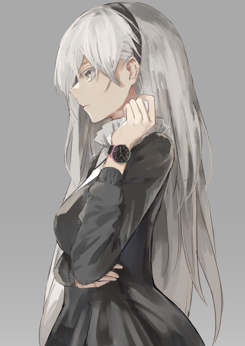 1girl absurdres arm_up bangs black_dress dress eyebrows_hidden_by_hair from_side grey_background grey_hair hairband highres klasse14 long_hair looking_to_the_side original simple_background solo thkani upper_body watch yellow_eyes