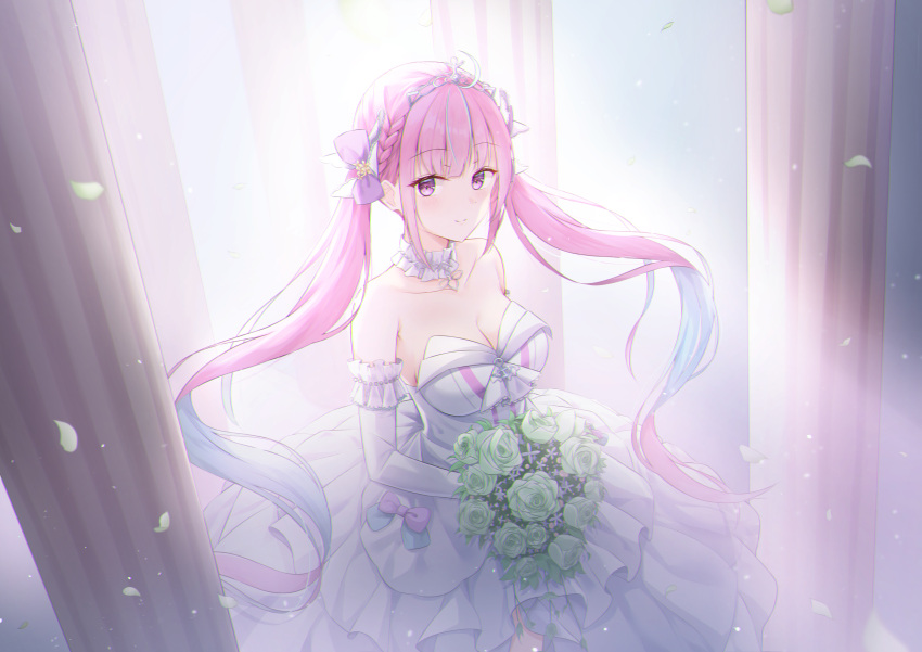 1girl absurdres bangs blush bouquet bow braid breasts collar collarbone dress elbow_gloves frilled_collar frills gloves green_flower highres hololive large_breasts long_bangs long_hair looking_at_viewer minato_aqua petals pink_eyes pink_hair purple_bow rieatco smile solo standing strapless strapless_dress twintails virtual_youtuber wedding wedding_dress white_collar white_dress white_gloves